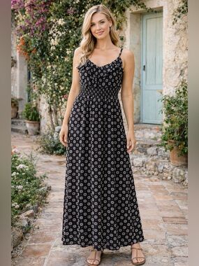Black Floral Maxi Dress with Smocked Waist. Size M